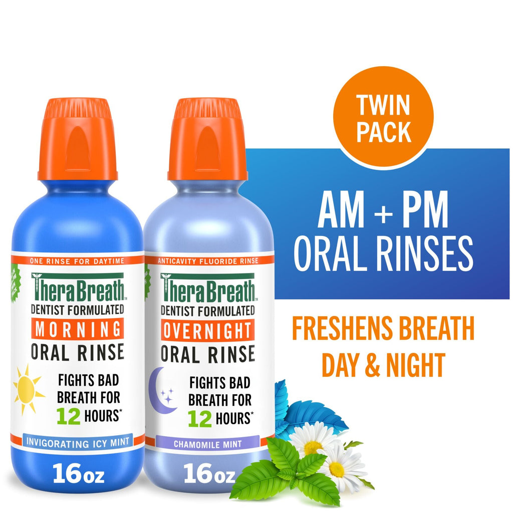 TheraBreath AM + PM Mouthwash Bundle. Morning & Overnight Rinses. 16 fl oz. 2-Pack