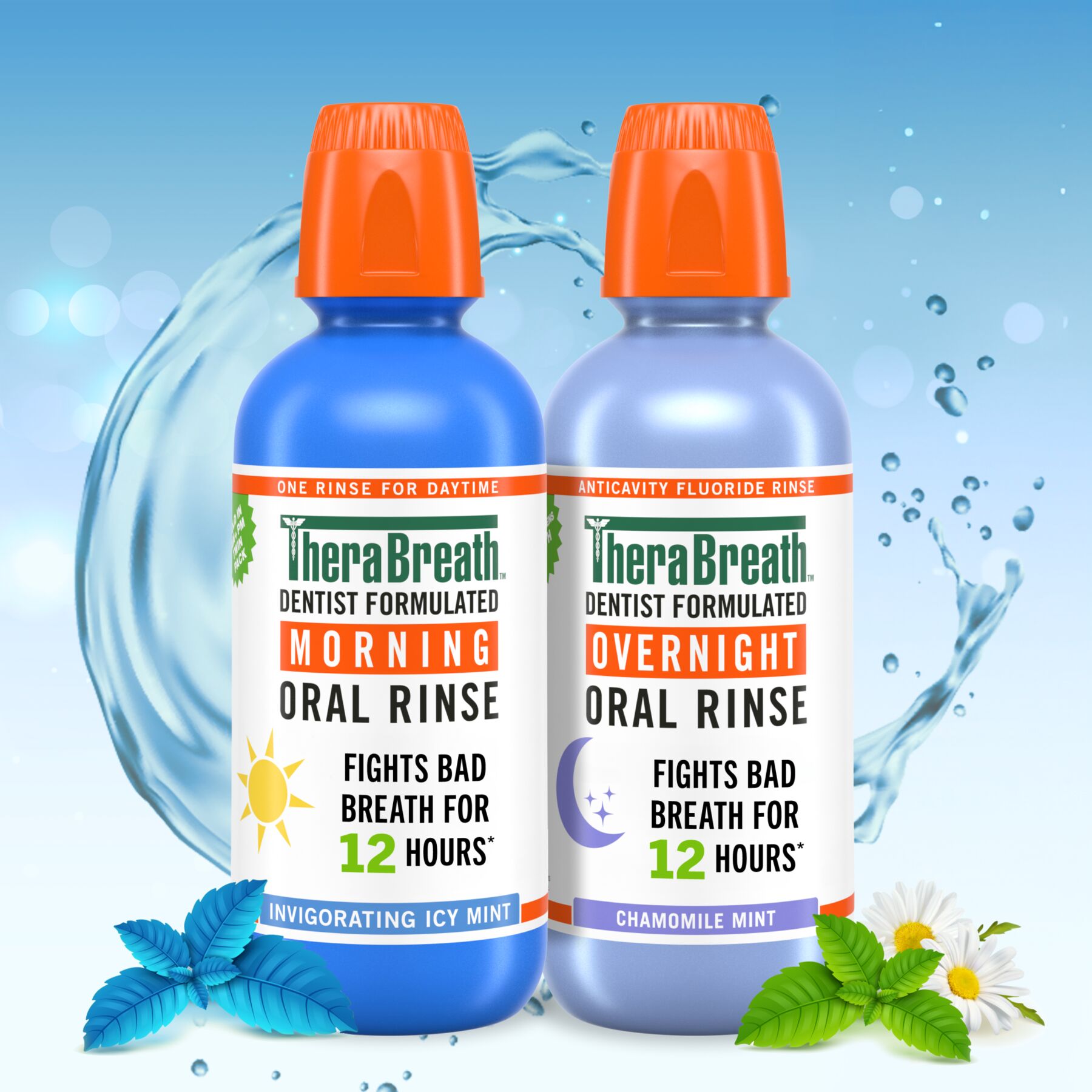 TheraBreath AM + PM Mouthwash Bundle. Morning & Overnight Rinses. 16 fl oz. 2-Pack