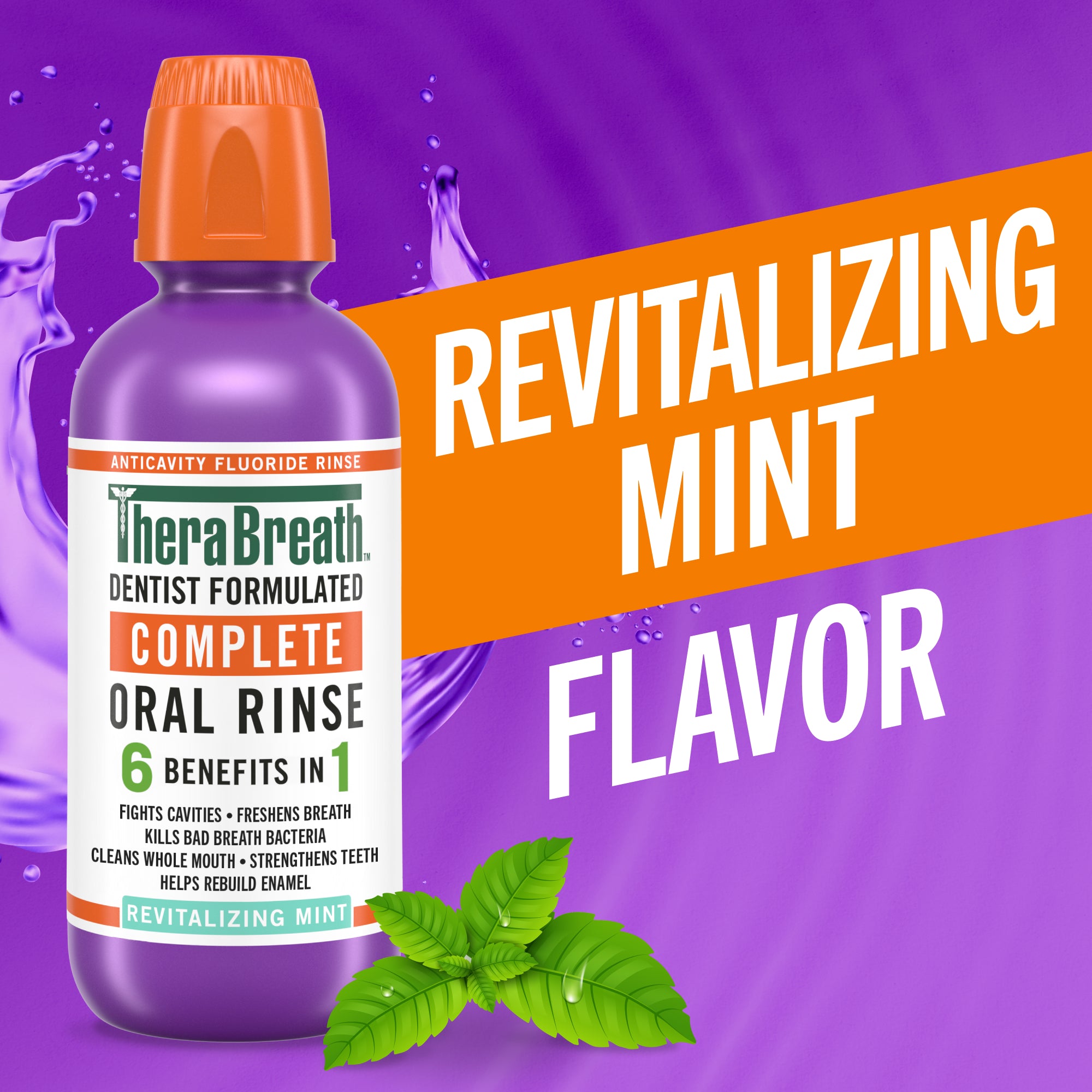 TheraBreath Complete Mouthwash. 6-in-1 Beneﬁts. Alcohol-Free. Revitalizing Mint