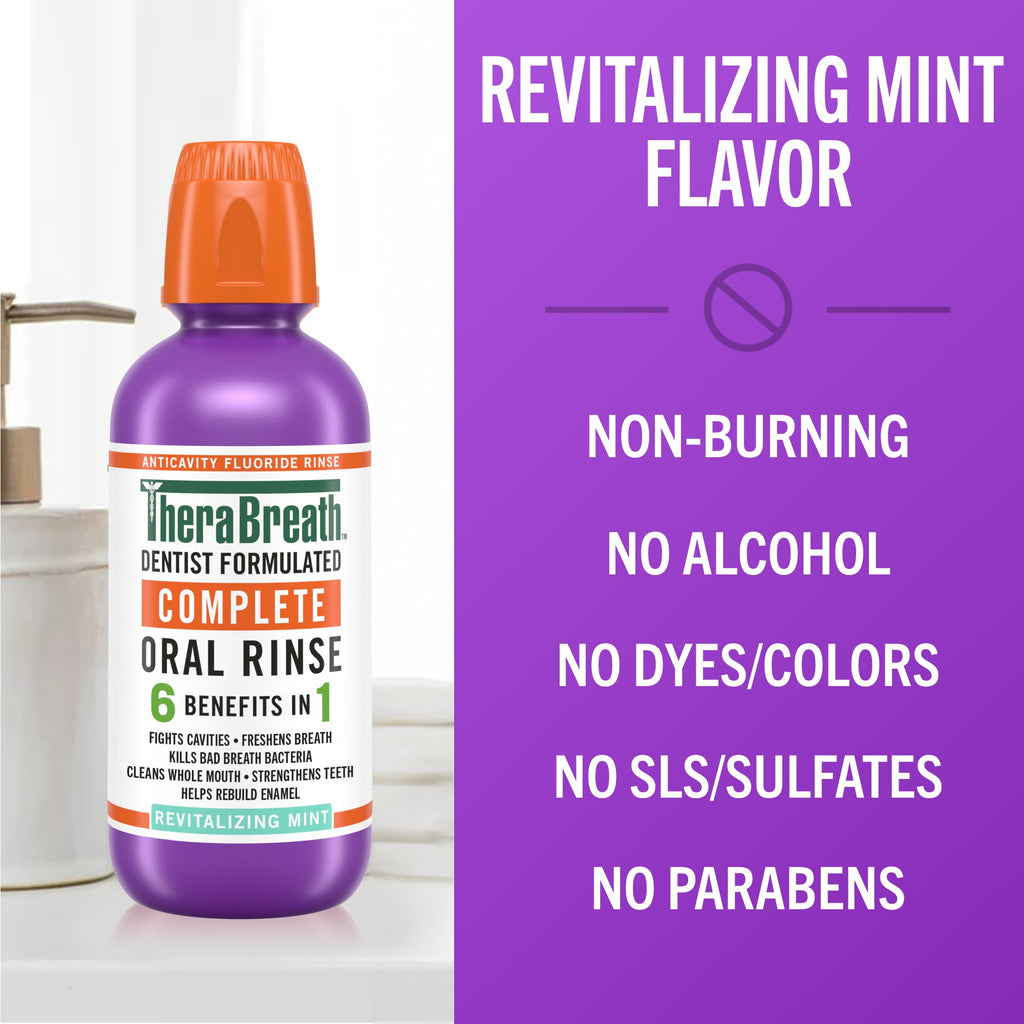 TheraBreath Complete Mouthwash. 6-in-1 Beneﬁts. Alcohol-Free. Revitalizing Mint