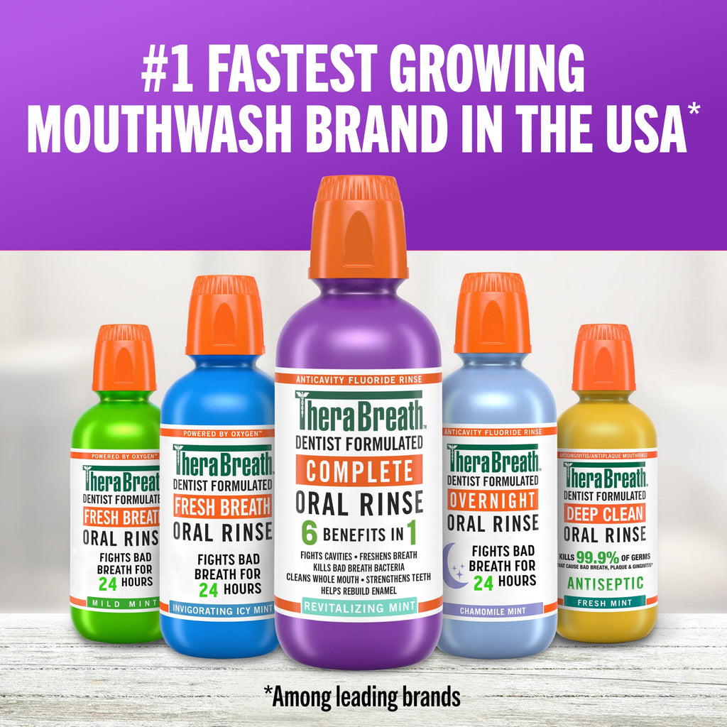 TheraBreath Complete Mouthwash. 6-in-1 Beneﬁts. Alcohol-Free. Revitalizing Mint