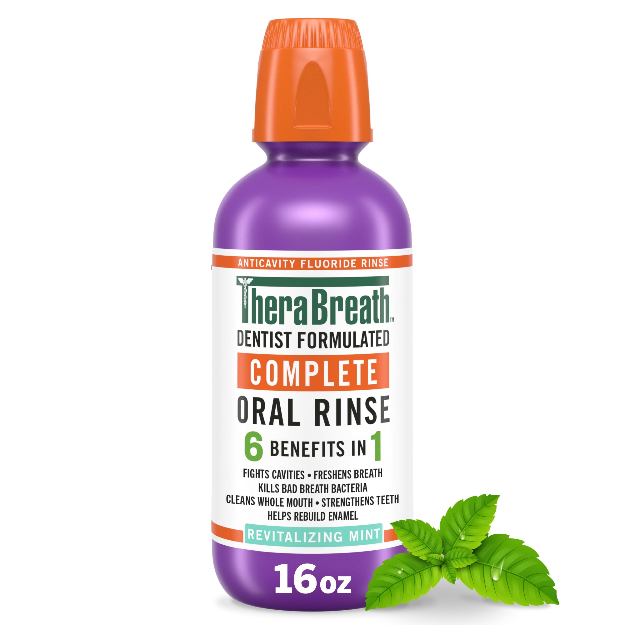 TheraBreath Complete Mouthwash. 6-in-1 Beneﬁts. Alcohol-Free. Revitalizing Mint