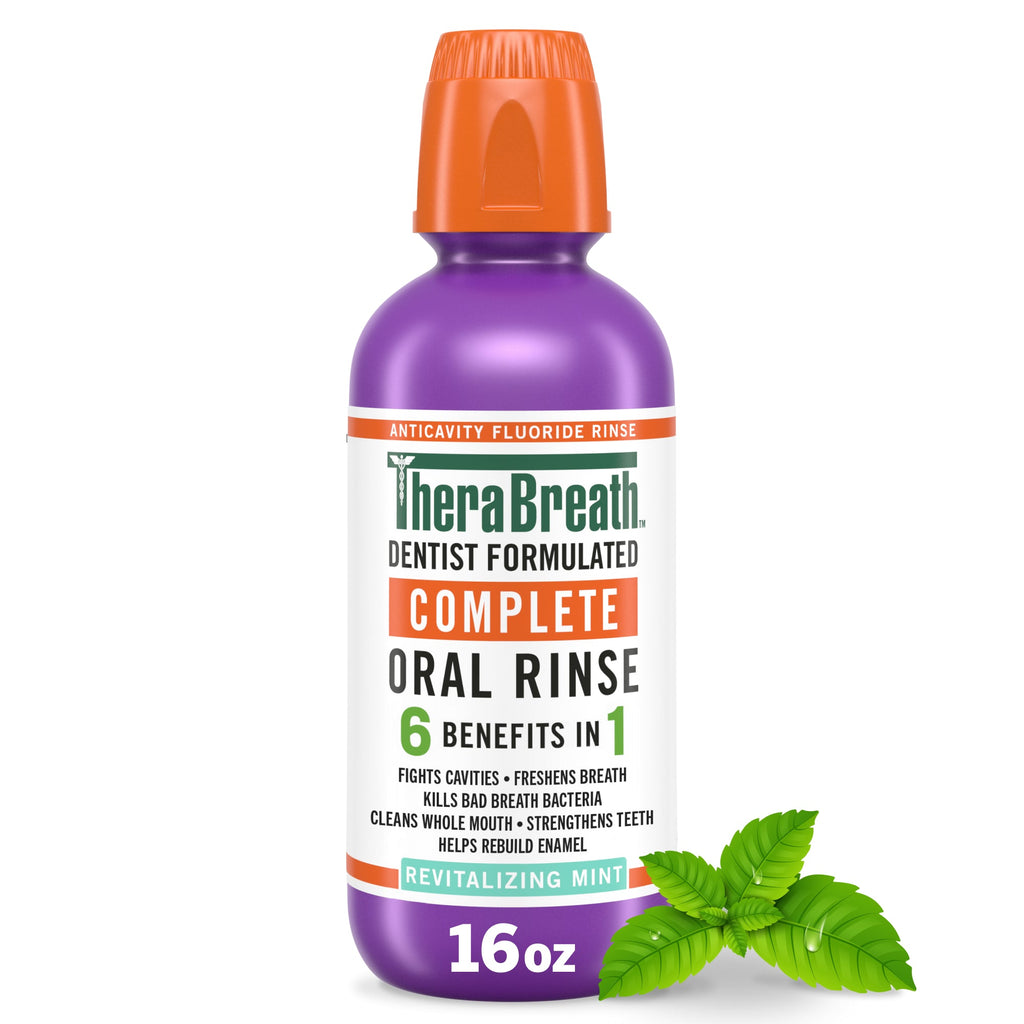 TheraBreath Complete Mouthwash. 6-in-1 Beneﬁts. Alcohol-Free. Revitalizing Mint