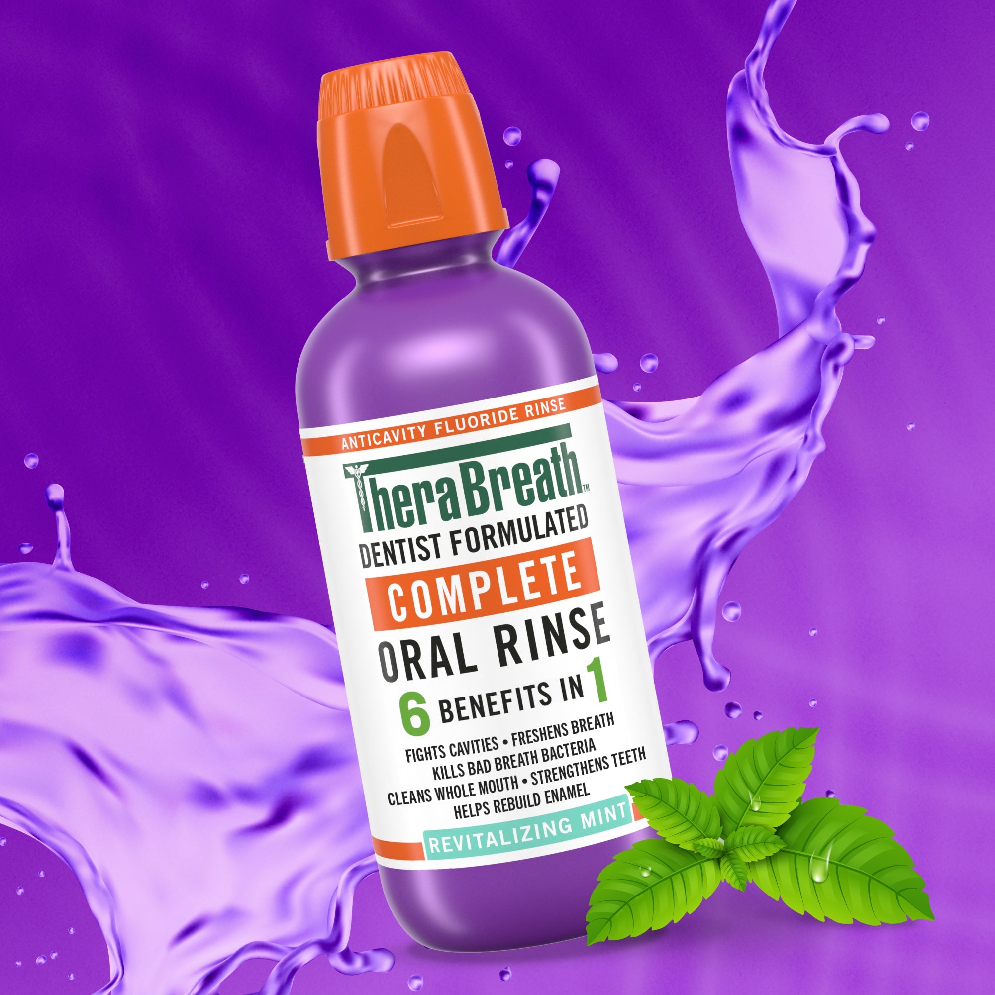 TheraBreath Complete Mouthwash. 6-in-1 Beneﬁts. Alcohol-Free. Revitalizing Mint